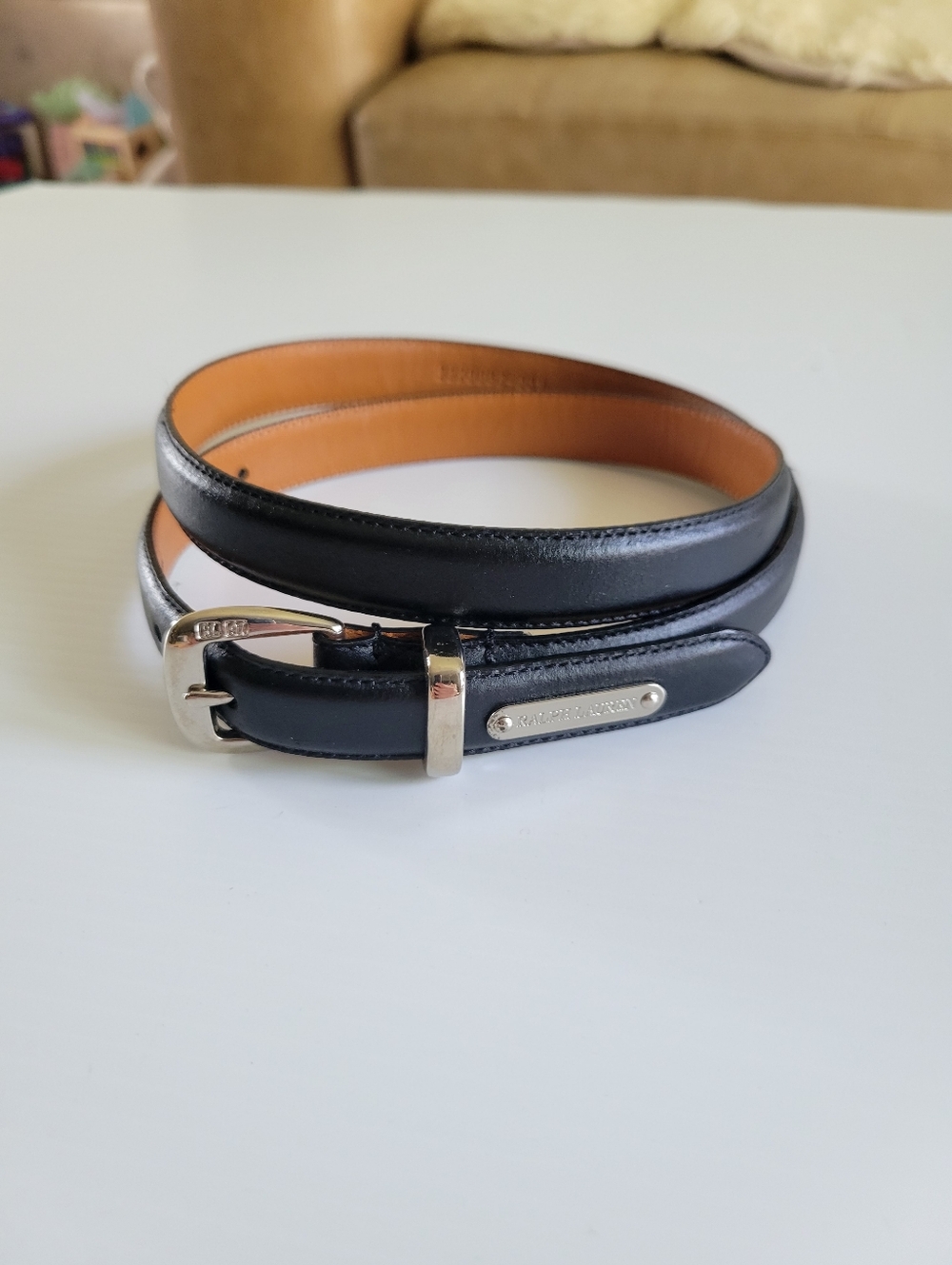 Ralph Lauren Genuine Smooth Leather Thin Belt Size M Silver Hardware Black - Picture 5 of 7